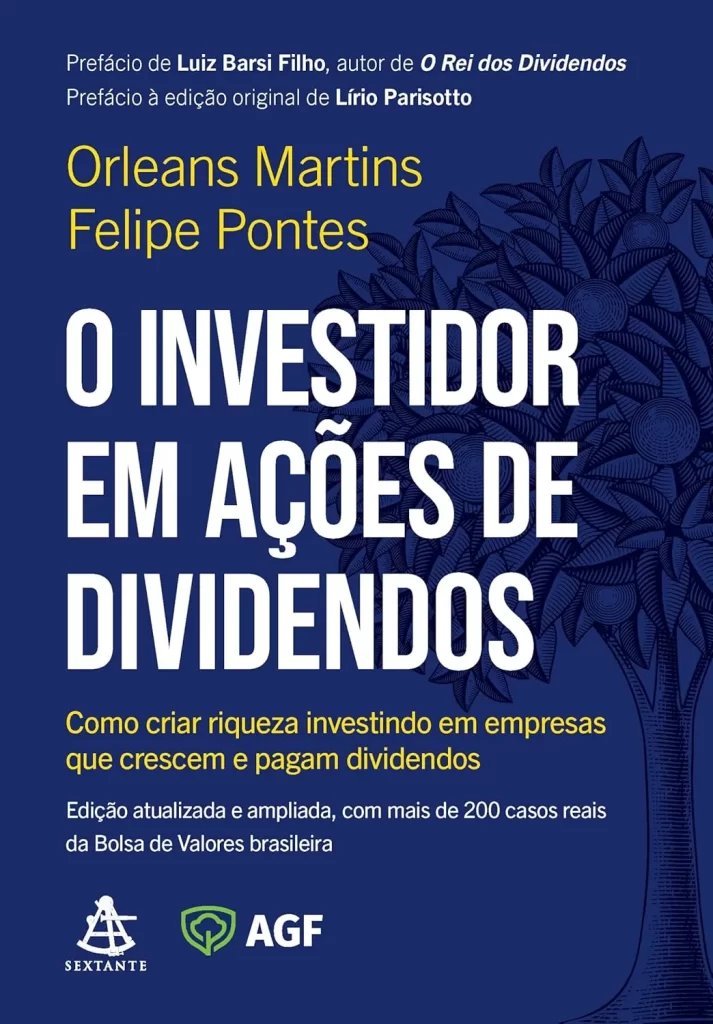 Capa do livro "O Investidor em Ações de Dividendos" de Orleans Martins e Felipe Pontes, com prefácio de Luiz Barsi Filho, apresentando a ilustração de uma árvore.