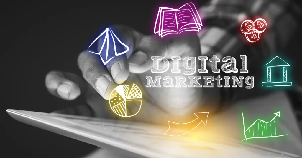 Mão usando tablet com ícones coloridos de marketing digital e destaque para redes sociais