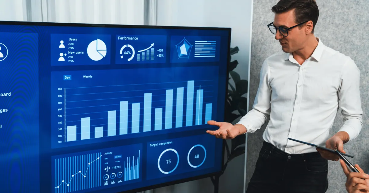 Profissional apresentando análise de balanço em uma tela digital com dashboards, gráficos de barras e dados financeiros de desempenho.