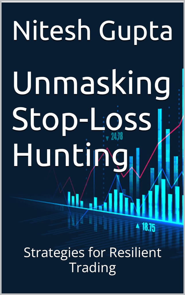 Capa do livro "Unmasking Stop-Loss Hunting: Strategies for Resilient Trading" de Nitesh Gupta, com um gráfico de análise técnica em tons de azul e vermelho.