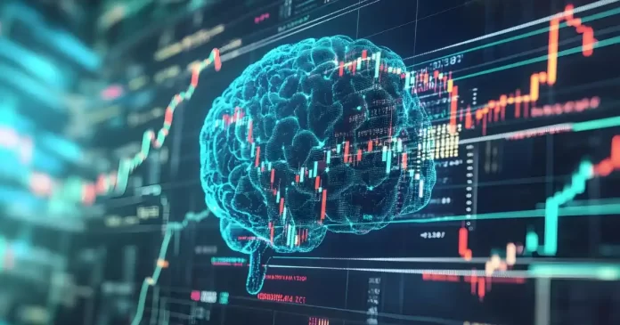 Uma representação abstrata de um cérebro humano digitalizado, com padrões de gráfico de candlestick e linhas de análise técnica sobrepostos, simbolizando a fusão entre a psicologia e a análise técnica no trading.