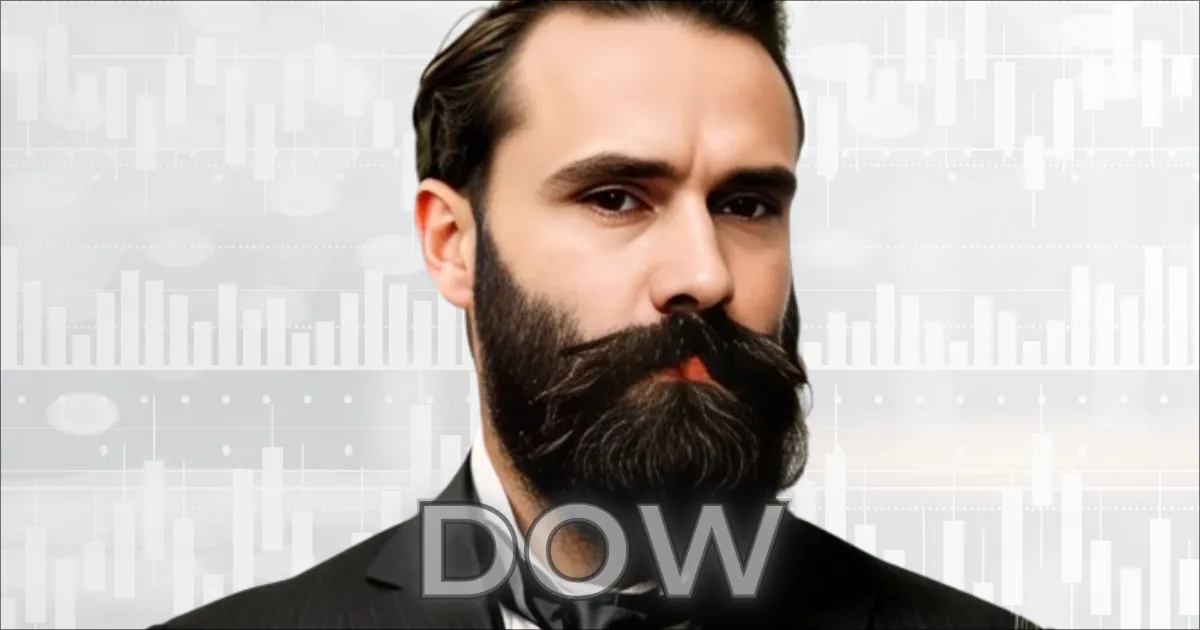 Retrato gerado por IA de Charles Dow, o criador da Teoria de Dow, com um fundo sutil de gráficos financeiros.