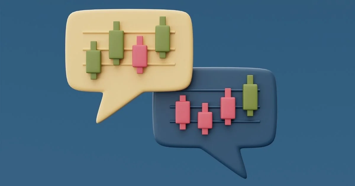 Dois balões de fala 3D com gráficos de candlesticks dentro, representando uma conversa ou discussão sobre análise técnica e padrões de velas no mercado financeiro.