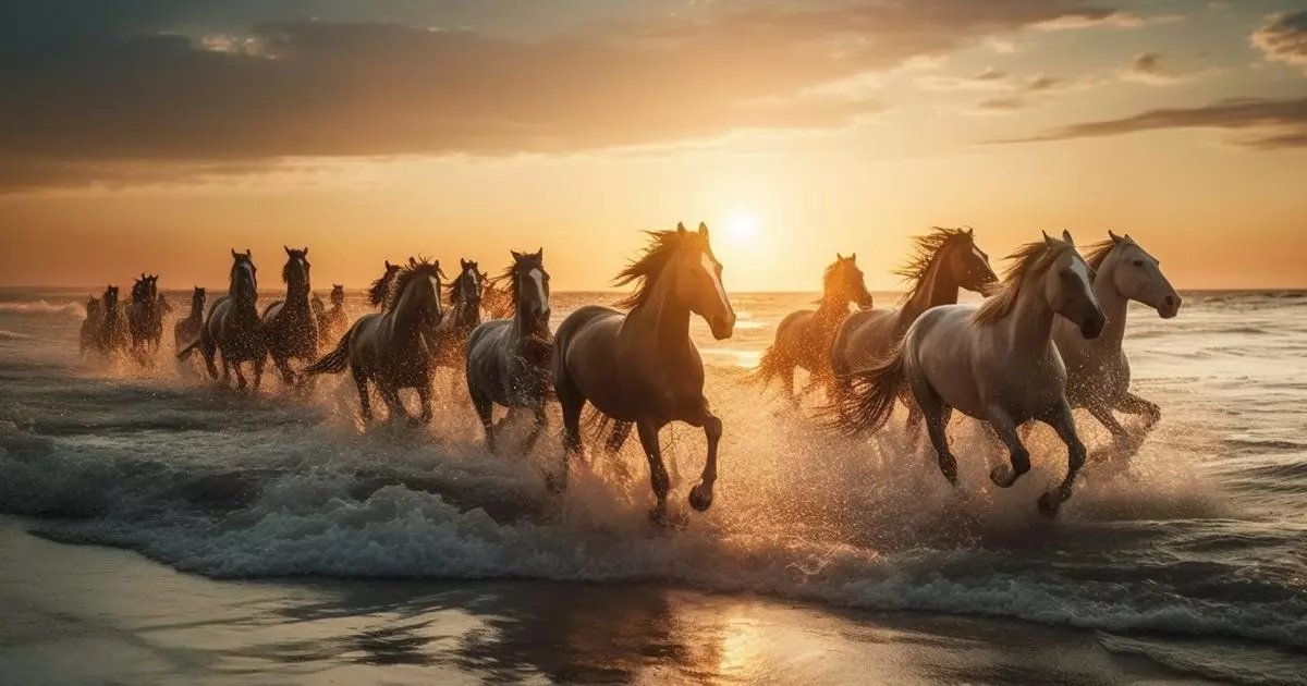 Uma manada de cavalos correndo pela praia ao pôr do sol, levantando água, simbolizando o comportamento do efeito manada no mercado financeiro.