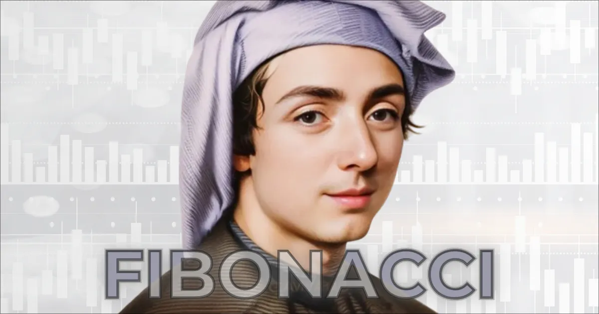 Retrato gerado por IA de Leonardo Fibonacci, o matemático que popularizou a sequência de Fibonacci, com um fundo sutil de gráficos financeiros.