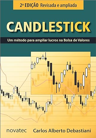 Capa do livro "Candlestick - Um método para ampliar lucros na Bolsa de Valores" de Carlos Alberto Debastiani, com um gráfico de candlestick em destaque.