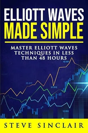 Capa do livro "Elliott Waves Made Simple" de Steve Sinclair, com um gráfico de ondas de Elliott em um fundo azul escuro.