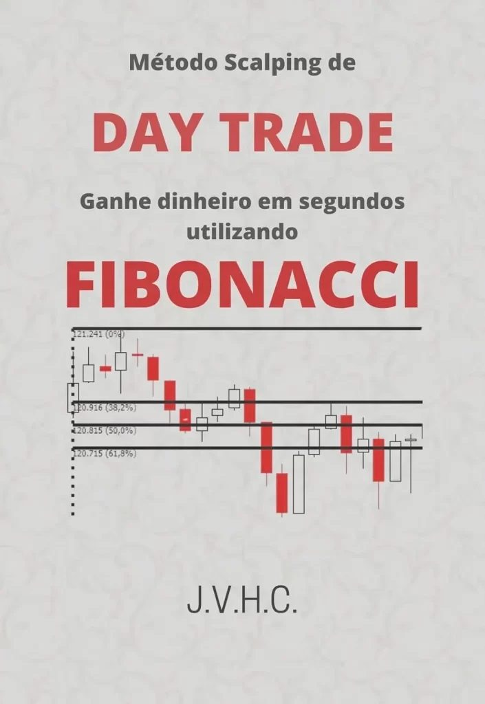 Capa do livro "Método Scalping de Day Trade: Ganhe Dinheiro em Segundos Utilizando Fibonacci" de J.V.H.C., com um gráfico de velas e as retrações de Fibonacci aplicadas sobre ele.