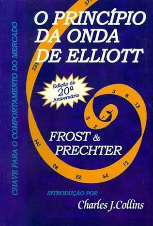Capa do livro "O Princípio da Onda de Elliott" de Frost & Prechter, com uma espiral amarela sobre fundo azul, representando a sequência de Fibonacci.