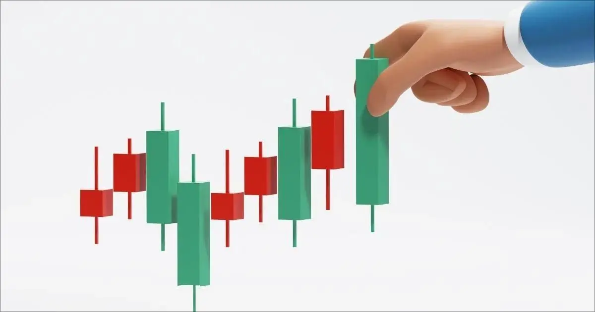 Uma mão de desenho animado, em 3D, ajustando uma vela verde em um gráfico de candlestick, simbolizando a manipulação ou o controle da análise técnica.
