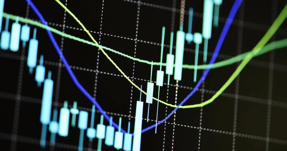 Gráfico de análise técnica em fundo escuro com linhas de médias móveis e candlesticks, simbolizando o tema do post sobre médias móveis.