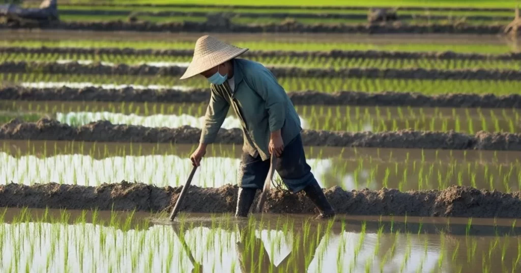 Imagem de um agricultor de arroz japonês trabalhando no campo, representando a origem dos candlesticks no século XVIII por Munehisa Homma, que revolucionou a análise de mercado de arroz no Japão.