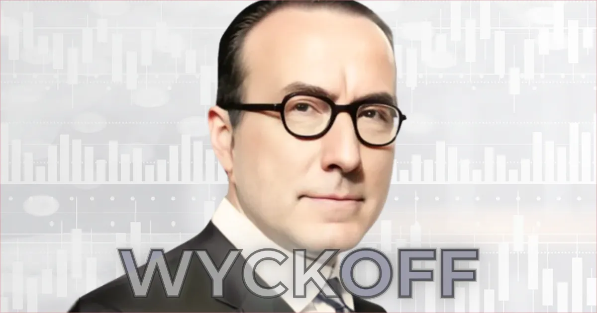 Retrato gerado por IA de Richard Wyckoff, o criador do Método Wyckoff, com um fundo sutil de gráficos financeiros.