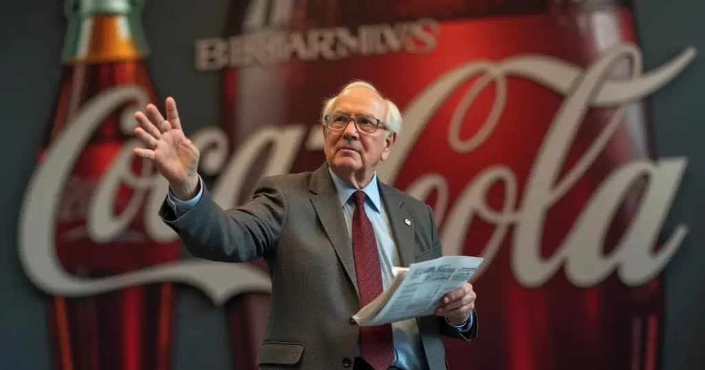 Warren Buffett em frente ao logo da Coca-Cola, gesticulando e segurando um jornal, simbolizando sua estratégia de investimento em valor.