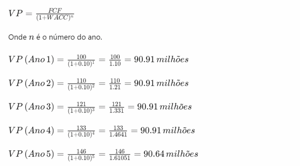 Fórmula para cálculo do valor presente