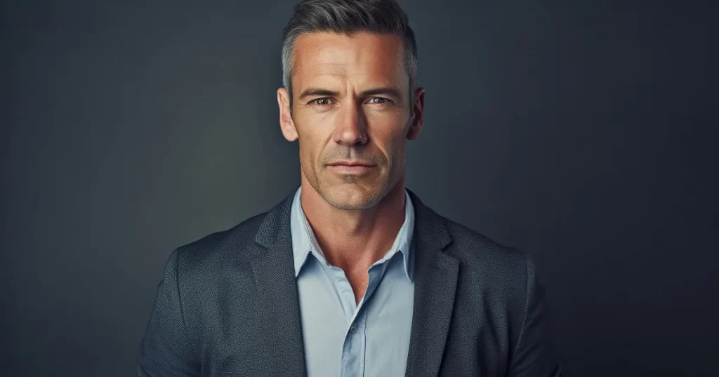 Retrato de um homem adulto de meia-idade, com expressão séria e confiante, simbolizando a fase de consolidação e diversificação de investimentos.