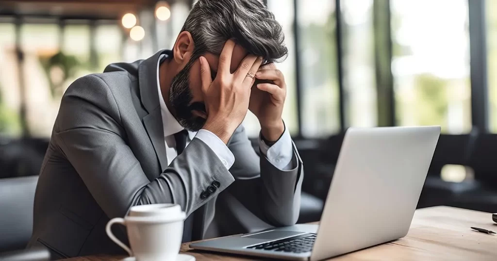 Um homem de terno, com as mãos cobrindo o rosto em frente a um laptop, expressando frustração ou preocupação, simbolizando as emoções negativas do efeito manada no mercado financeiro.
