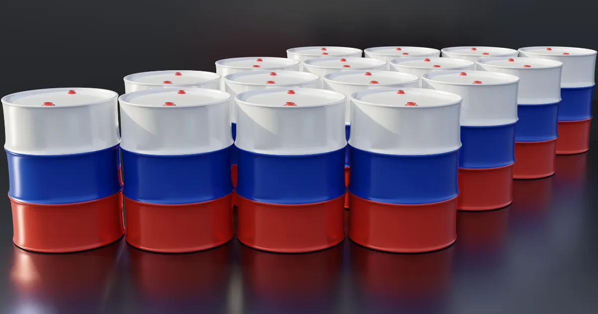 Uma formação de barris de petróleo com as cores da bandeira da Rússia (branco, azul e vermelho), simbolizando o petróleo russo sob ameaça de tarifas e sanções.