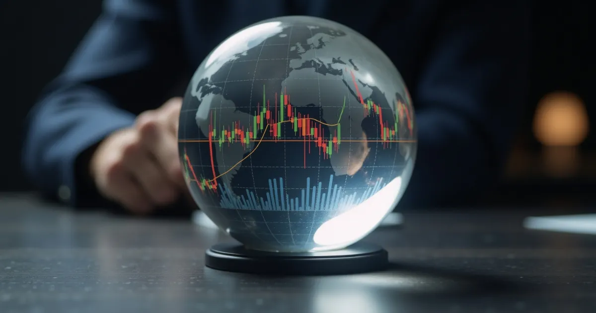Uma esfera de vidro com o mapa-múndi e um gráfico financeiro de mercado refletido na sua superfície, simbolizando o conceito de investimento global em BDRs.