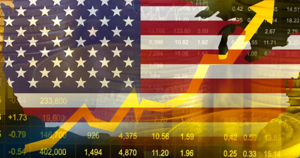 Imagem composta de uma seta de crescimento sobre o mapa dos Estados Unidos com a bandeira americana, e dados financeiros, simbolizando o potencial de investimento e a expansão do mercado americano.