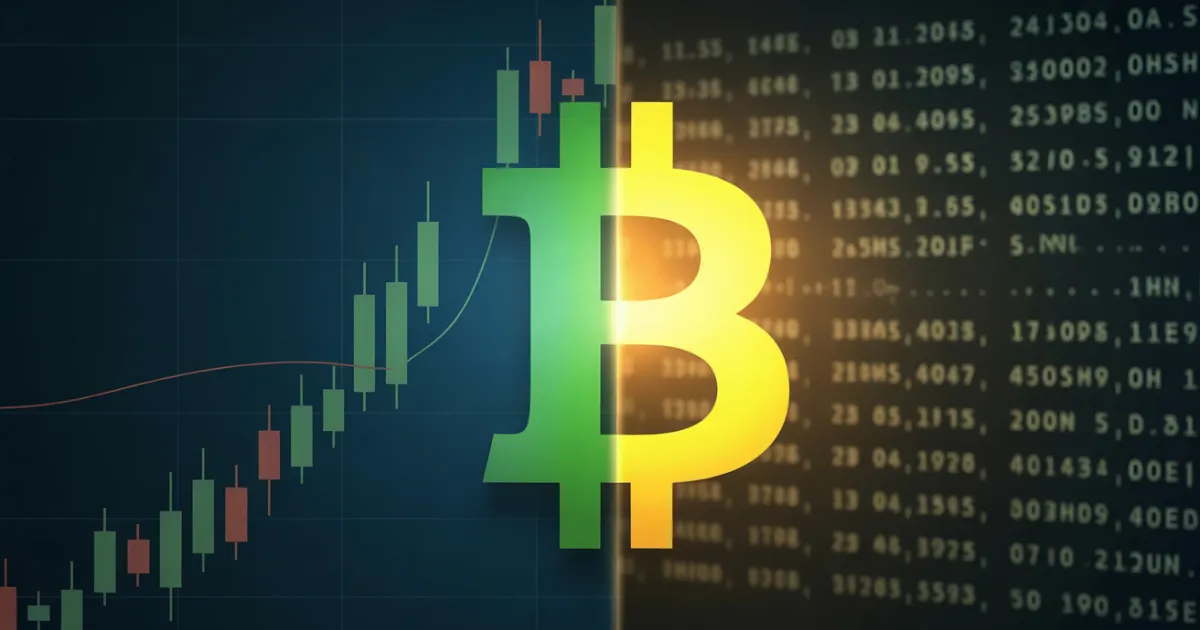 Logo do Bitcoin em verde e amarelo dividido ao meio, com um gráfico de velas do lado esquerdo e códigos de computador do lado direito, simbolizando a comparação entre investir em Bitcoin e ações.