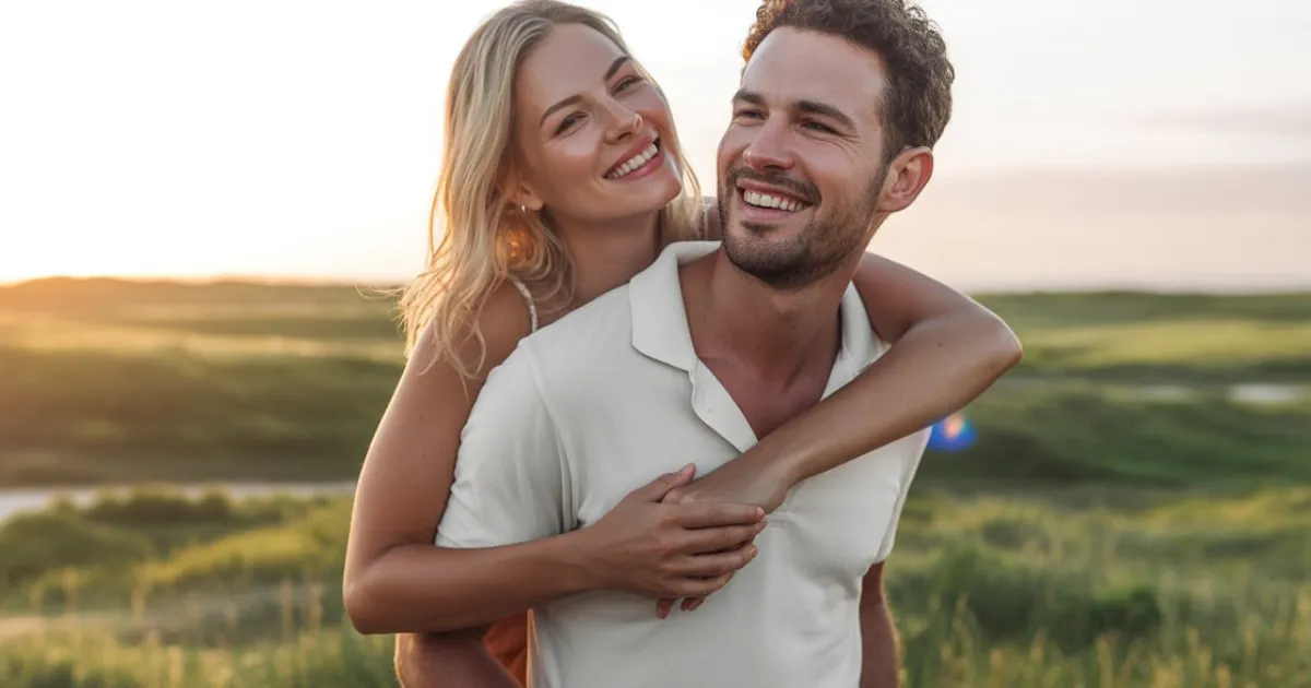 Casal jovem e feliz, com a mulher nas costas do homem em um campo gramado ao pôr do sol, simbolizando a liberdade e a qualidade de vida após a aposentadoria precoce.