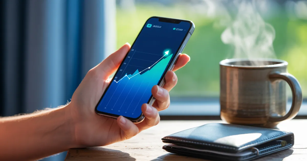 Uma mão segurando um smartphone com um gráfico de crescimento financeiro na tela, ao lado de uma xícara de café e uma carteira, simbolizando o sucesso da economia pessoal.