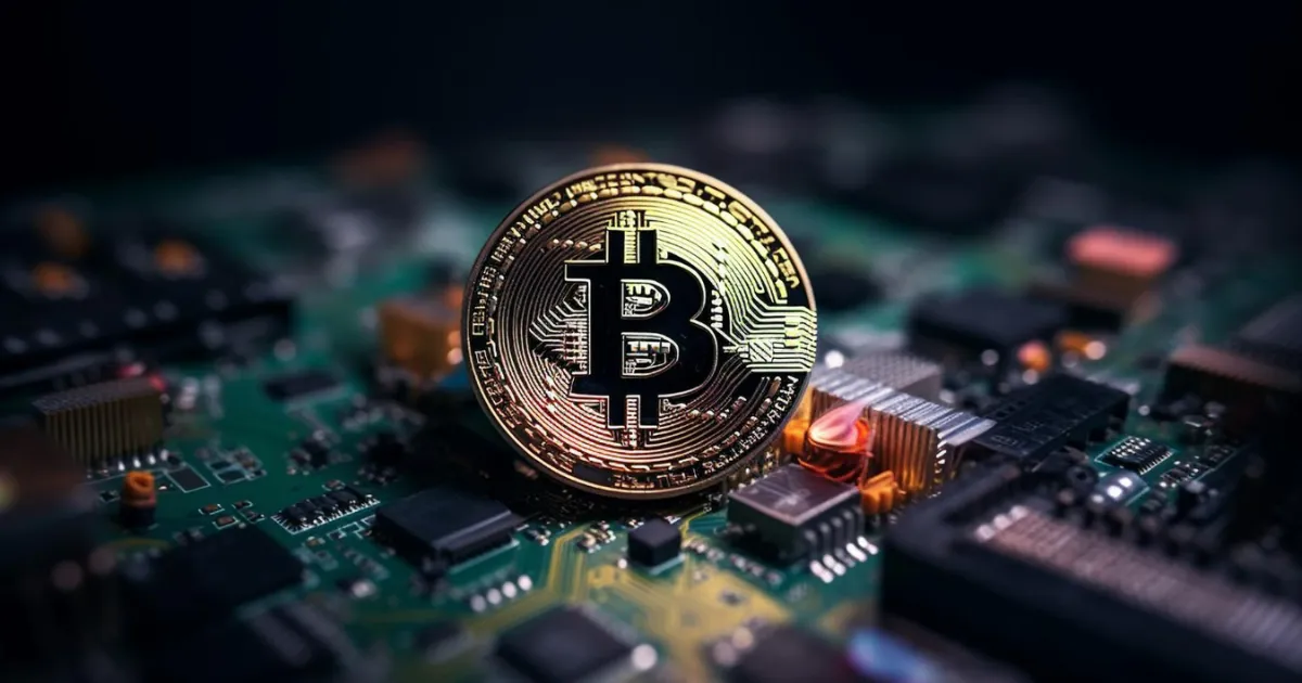 Uma moeda física de Bitcoin (BTC) posicionada sobre uma placa de circuito, representando a tecnologia e o futuro das criptomoedas.