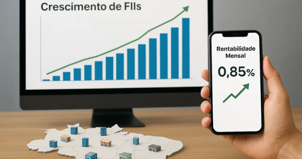 Tela de computador mostrando um gráfico de crescimento de FIIs e um celular com a rentabilidade mensal, com maquetes de casas sobre um mapa, ilustrando o investimento em Fundos Imobiliários.