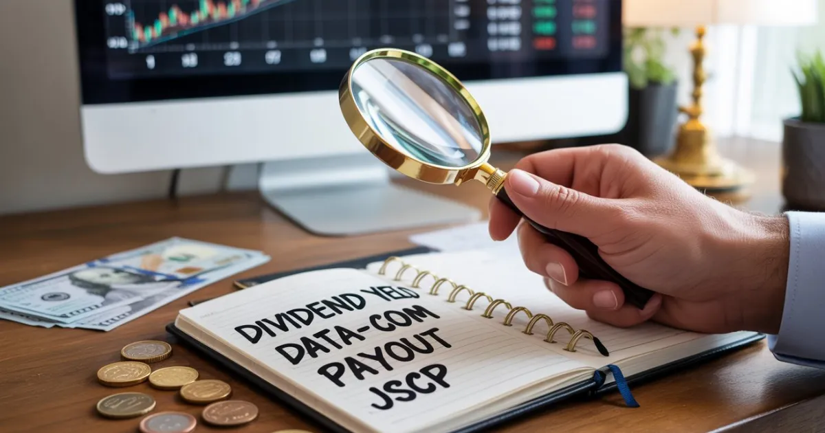 Uma lupa focando em um glossário de dividendos com os termos essenciais de dividendos, como 'Payout' e 'JSCP', ao lado de moedas e notas de dinheiro.