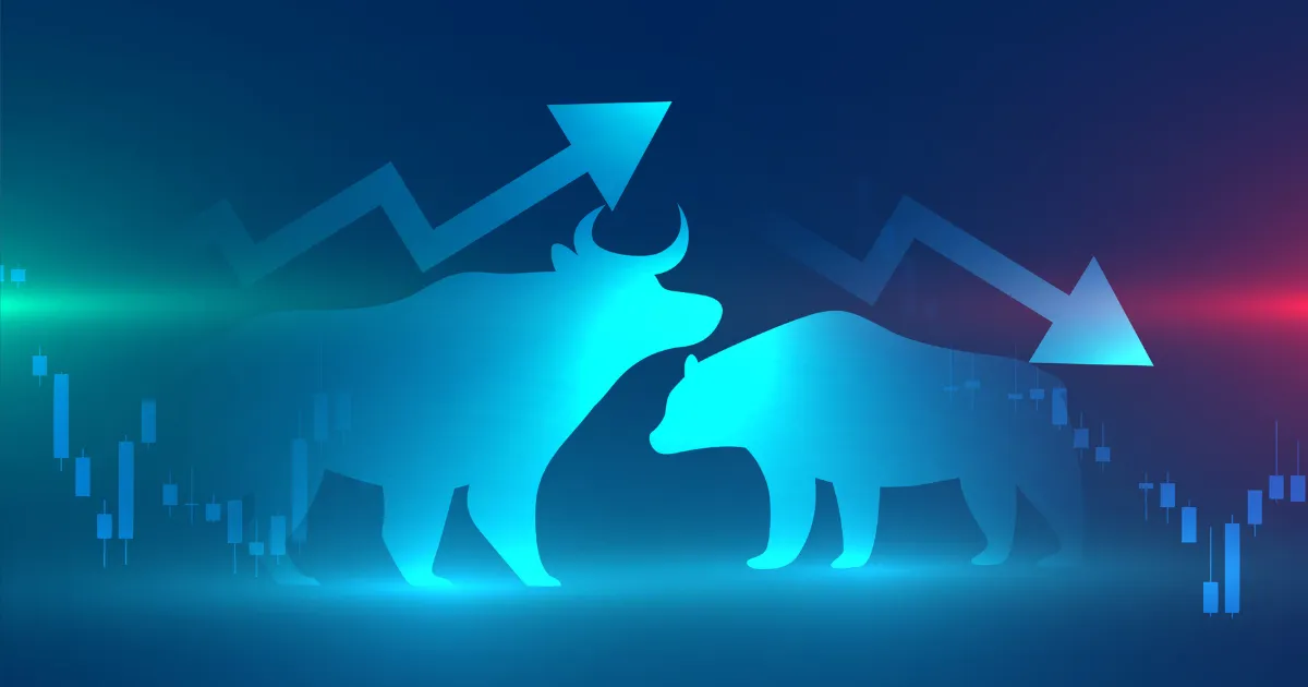 Uma imagem estilizada com a silhueta de um touro (bull) e um urso (bear), com setas para cima e para baixo e um gráfico de bolsa no fundo, simbolizando os movimentos de alta e baixa do mercado de ações.