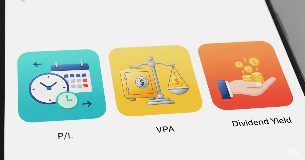Três ícones de aplicativos de finanças: o primeiro com um relógio e calendário (P/L), o segundo com uma balança e cofre (VPA) e o terceiro com uma mão segurando moedas (Dividend Yield).
