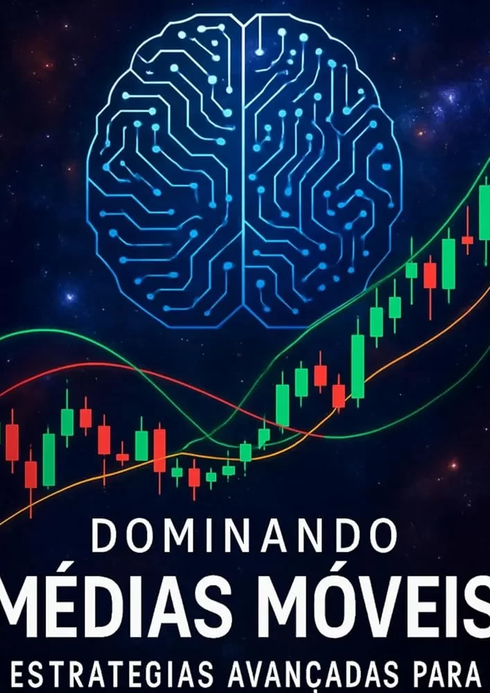 Capa do livro "Dominando Médias Móveis" de Valdirlei Vicente Massola, com um cérebro-circuito e gráficos de criptomoedas ao fundo.