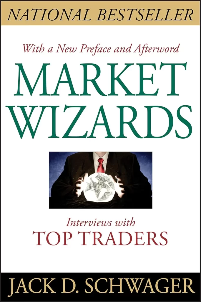 Capa do livro "Market Wizards: Interviews with Top Traders" de Jack D. Schwager, com uma imagem central de mãos segurando um orbe de notas de dinheiro.
