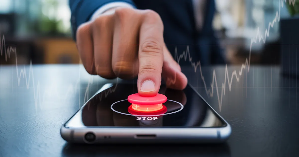 Um dedo se aproximando de um grande botão vermelho escrito "STOP" na tela de um smartphone, com um gráfico de queda ao fundo, simbolizando a necessidade de parar ou reavaliar um investimento de risco.