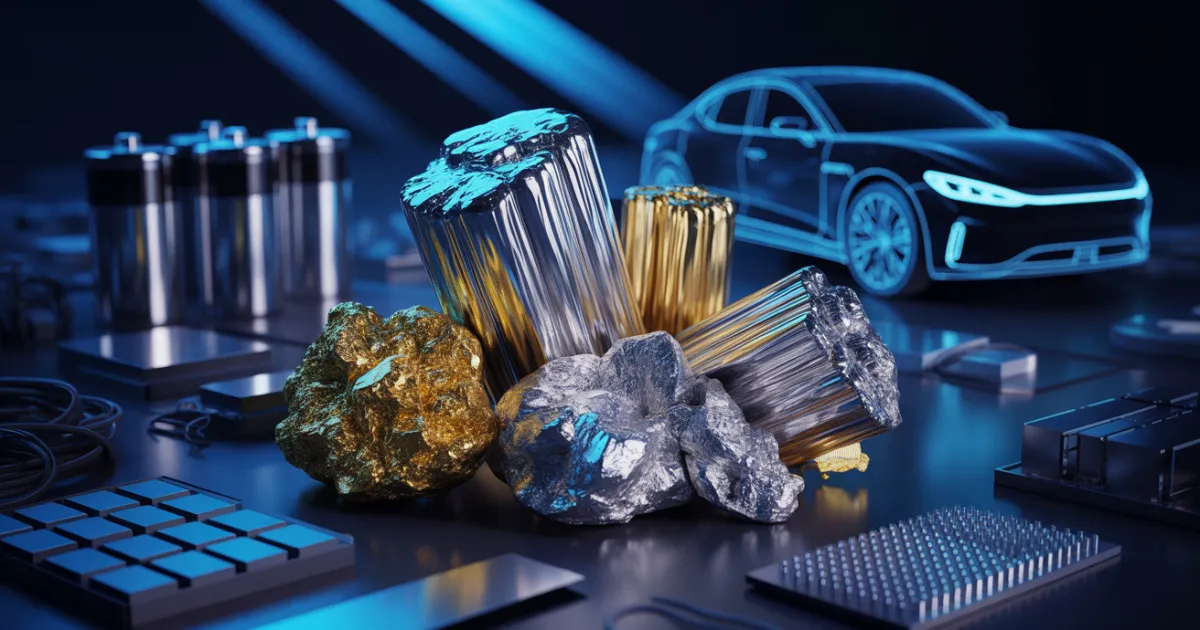 Uma variedade de minerais, como lítio e ouro, ao lado de baterias e um carro elétrico futurista, simbolizando a importância dos recursos minerais para a tecnologia moderna e a negociação entre países.