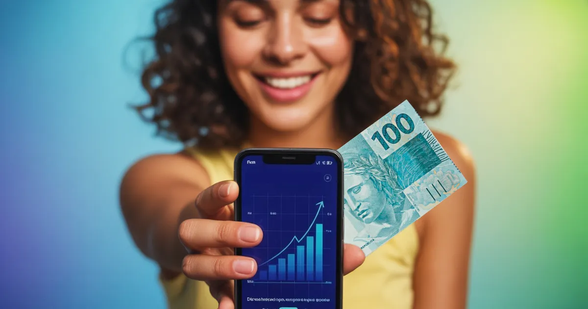Mulher sorridente segurando um smartphone com um gráfico de crescimento e uma nota de R$ 100, representando a facilidade de investir com pouco dinheiro.