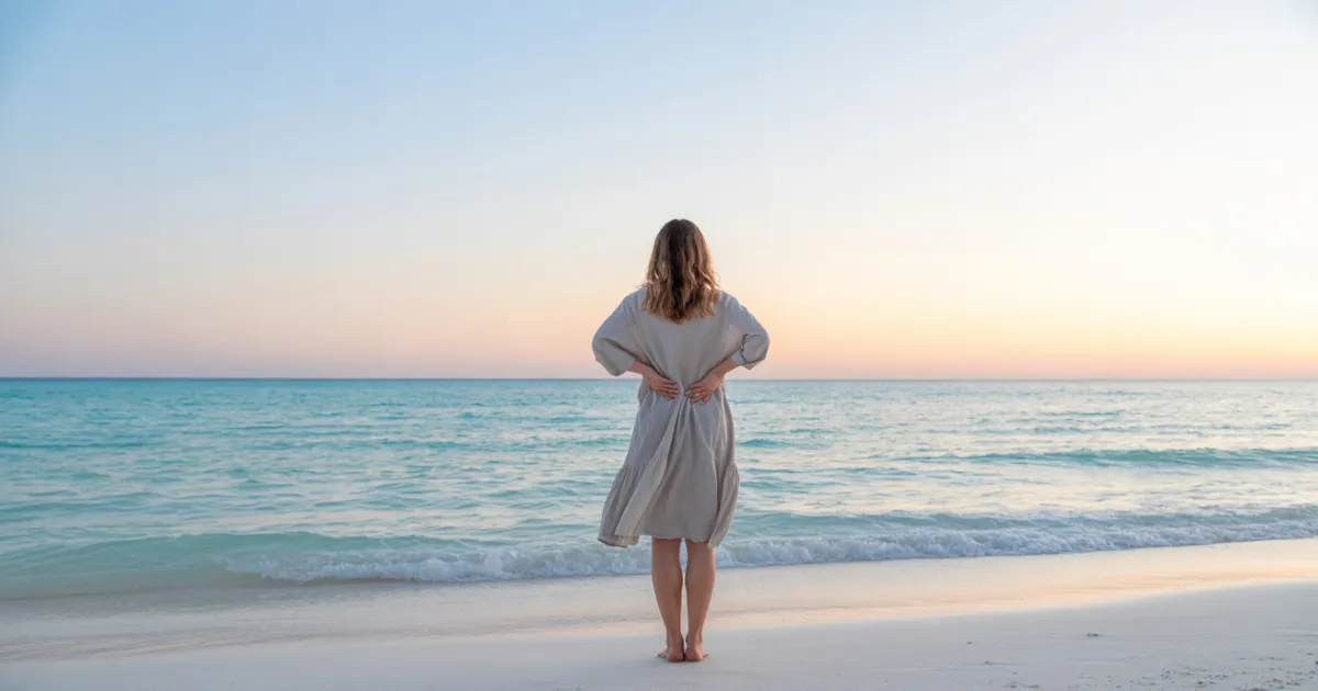 Uma mulher de vestido claro em uma praia de areia branca, de costas para a câmera, com os braços na cintura, observando o mar calmo e o pôr do sol, simbolizando a paz e a tranquilidade financeira.