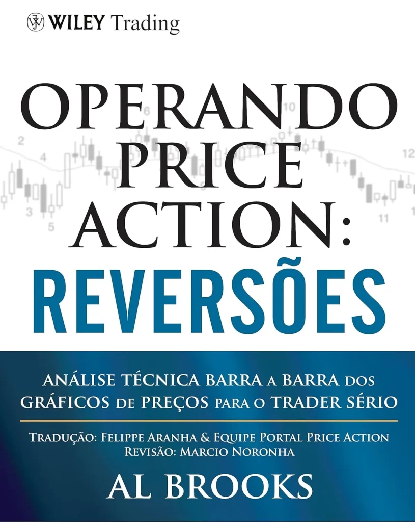 Capa do livro "Operando Price Action: Reversões" de Al Brooks, com o título em letras grandes e azuis, e um gráfico de preços ao fundo, simbolizando a análise de reversões de tendência.