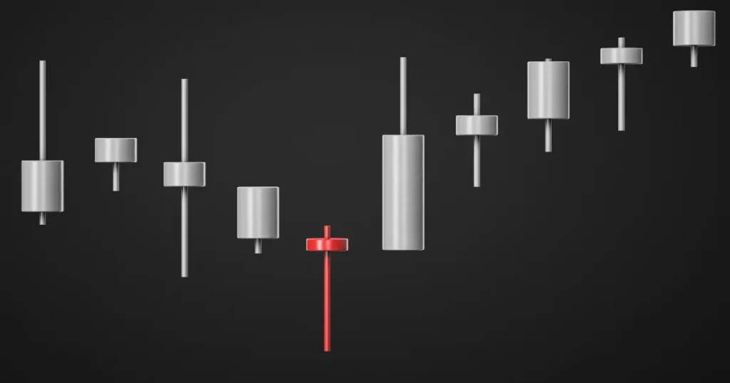Gráfico 3D de candlesticks com um padrão de reversão "Martelo" em destaque, mostrando o pequeno corpo e a longa sombra inferior do candle, essencial para a análise de Price Action.