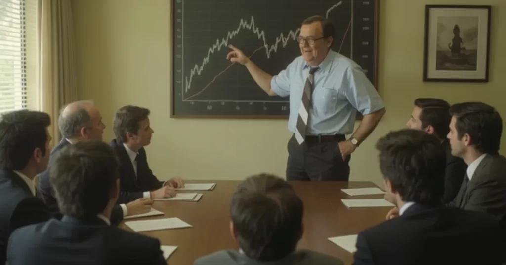 Richard Dennis apontando para um gráfico em uma lousa durante o treinamento do grupo original de Turtle Traders, em uma sala de reuniões.