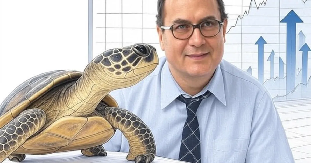Imagem gerada por IA de Richard Dennis com uma tartaruga em primeiro plano e gráficos de crescimento ao fundo, simbolizando a estratégia de trading disciplinada e de longo prazo.