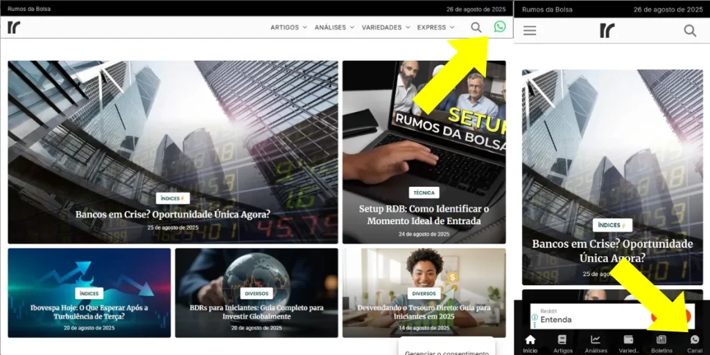 Captura de tela do novo site do Rumos da Bolsa, em desktop e mobile, com setas amarelas apontando para a localização do botão do Canal do WhatsApp.