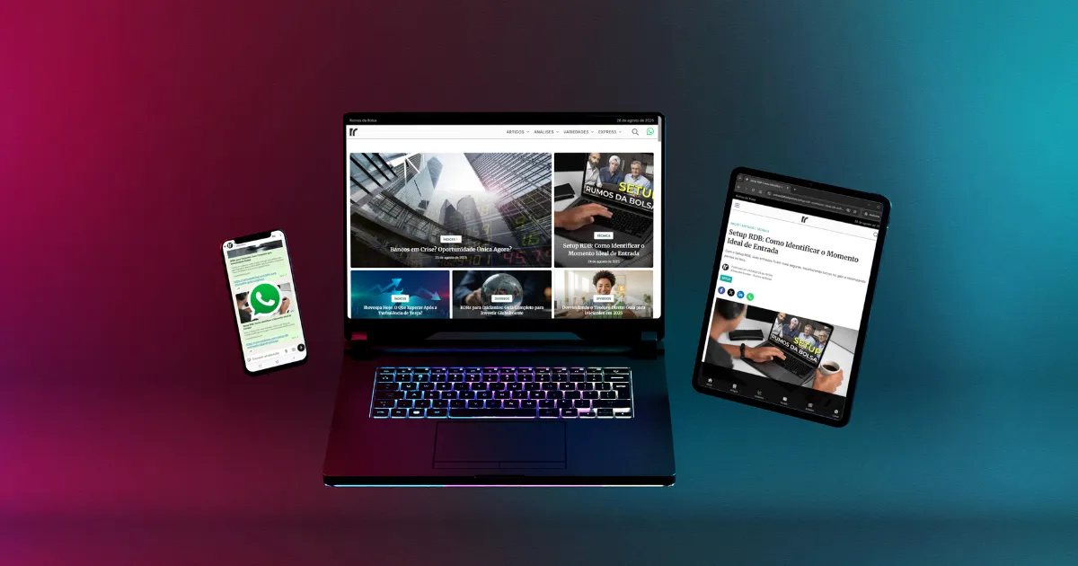 Uma montagem de um laptop, um tablet e um smartphone exibindo a nova interface do site do Rumos da Bolsa, representando a renovação da marca.