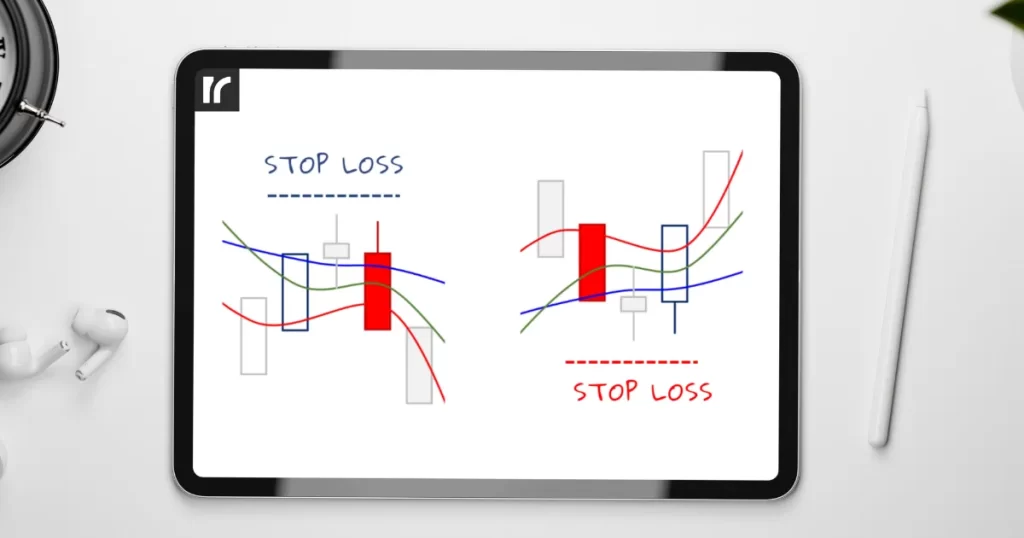 Diagrama em um tablet que ilustra a posição do stop loss em um gráfico de candlesticks para operações de compra e venda.