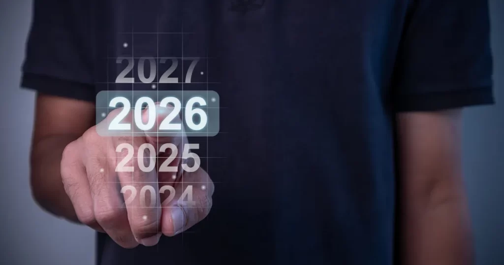Mão apontando para o ano "2026" em uma lista de anos virtuais, simbolizando a necessidade de aguardar o prazo de vencimento de um investimento em Tesouro Direto.