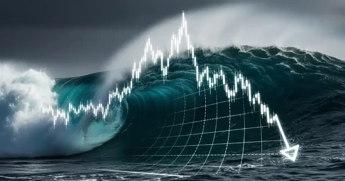 Uma grande onda quebrando, com um gráfico de candles sobreposto, simbolizando um movimento de queda ou correção do mercado.