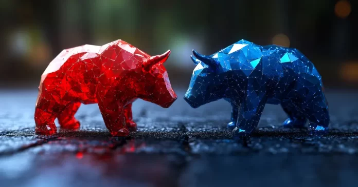 Estátuas poligonais em vermelho de um touro e em azul de um urso, enfrentando-se, simbolizando o conflito entre as forças de alta e baixa no mercado financeiro.