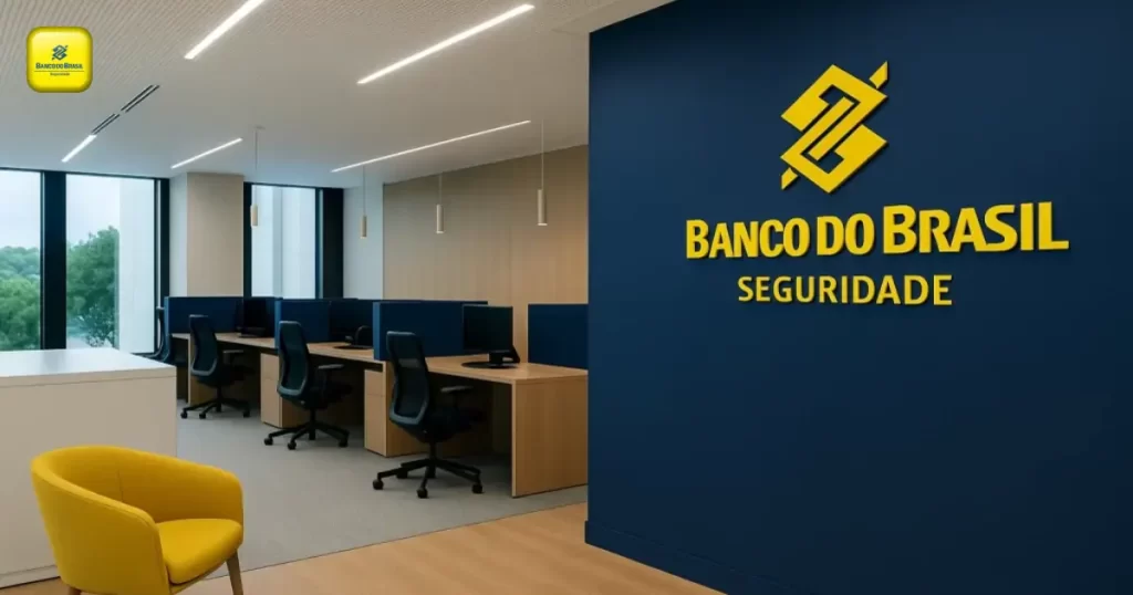 Escritório moderno com o logotipo do Banco do Brasil Seguridade (BBSE3) em amarelo sobre uma parede azul, representando o setor de seguros entre as maiores pagadoras de dividendos em 2025.