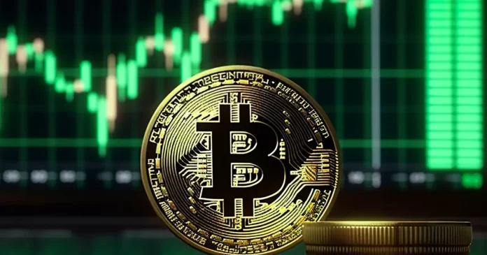 Bitcoin moeda com gráfico de análise técnica mostrando candles verdes de alta e cruzamento de médias móveis